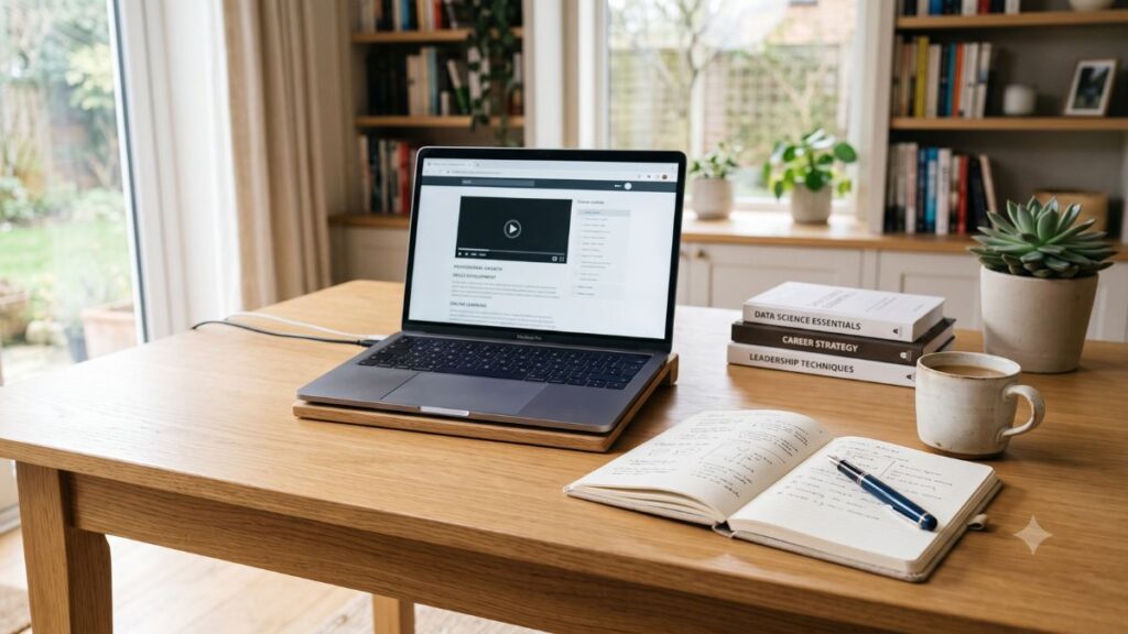 Mesa de estudos com notebook, caderno e materiais de aprendizado para capacitação profissional