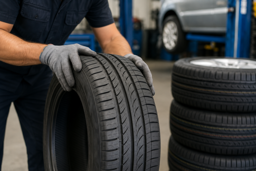 Mecânico analisando a banda de rodagem de um pneu em uma oficina automotiva
