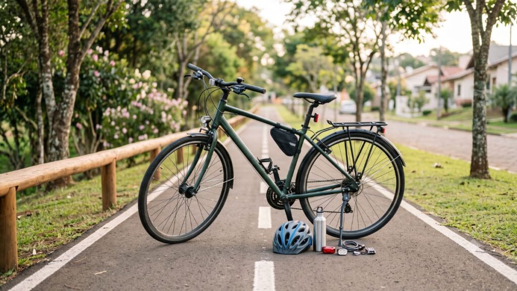 Bicicleta urbana em ciclovia com capacete e garrafa de água em destaque