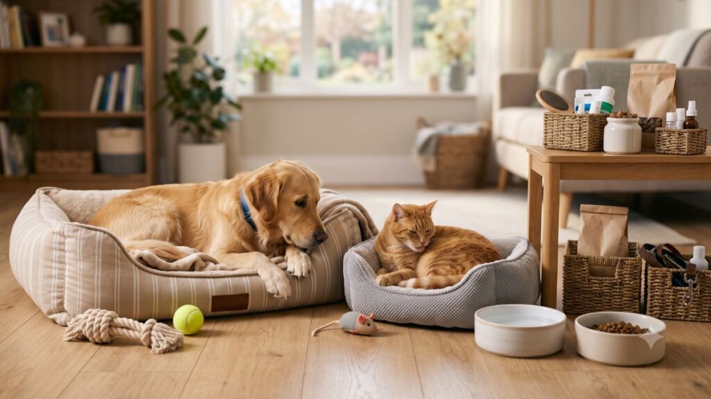 Cachorro e gato em ambiente doméstico acolhedor com potes, brinquedos e itens de cuidado pet