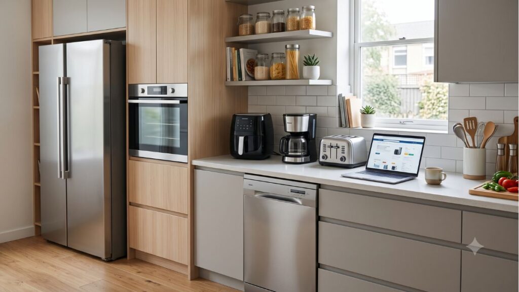 Cozinha moderna com eletrodomésticos organizados e notebook sobre bancada para pesquisa de compra