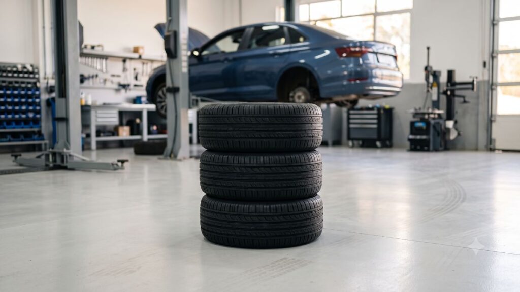Pneus automotivos novos em destaque com carro ao fundo em ambiente de oficina