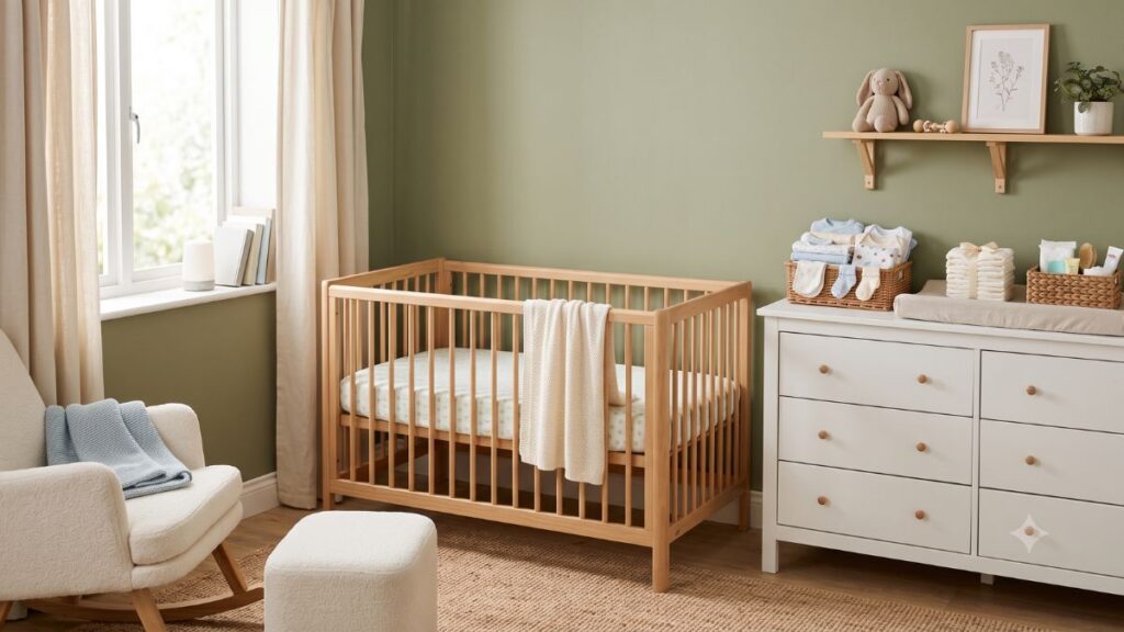 Quarto de bebê organizado com berço, cômoda, roupinhas e itens de enxoval em tons suaves
