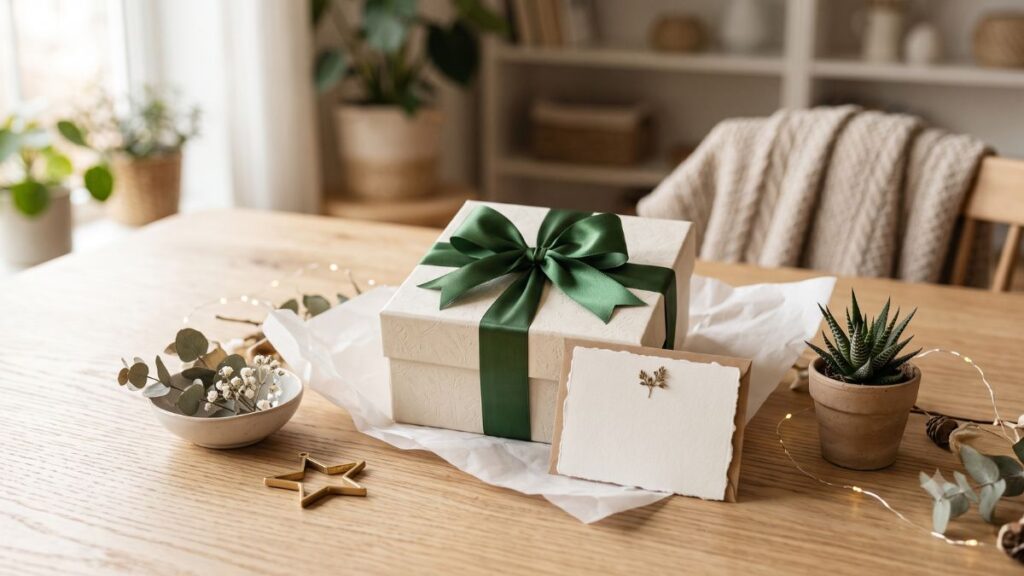Caixa de presente elegante com laço, cartão em branco e detalhes decorativos sobre mesa clara